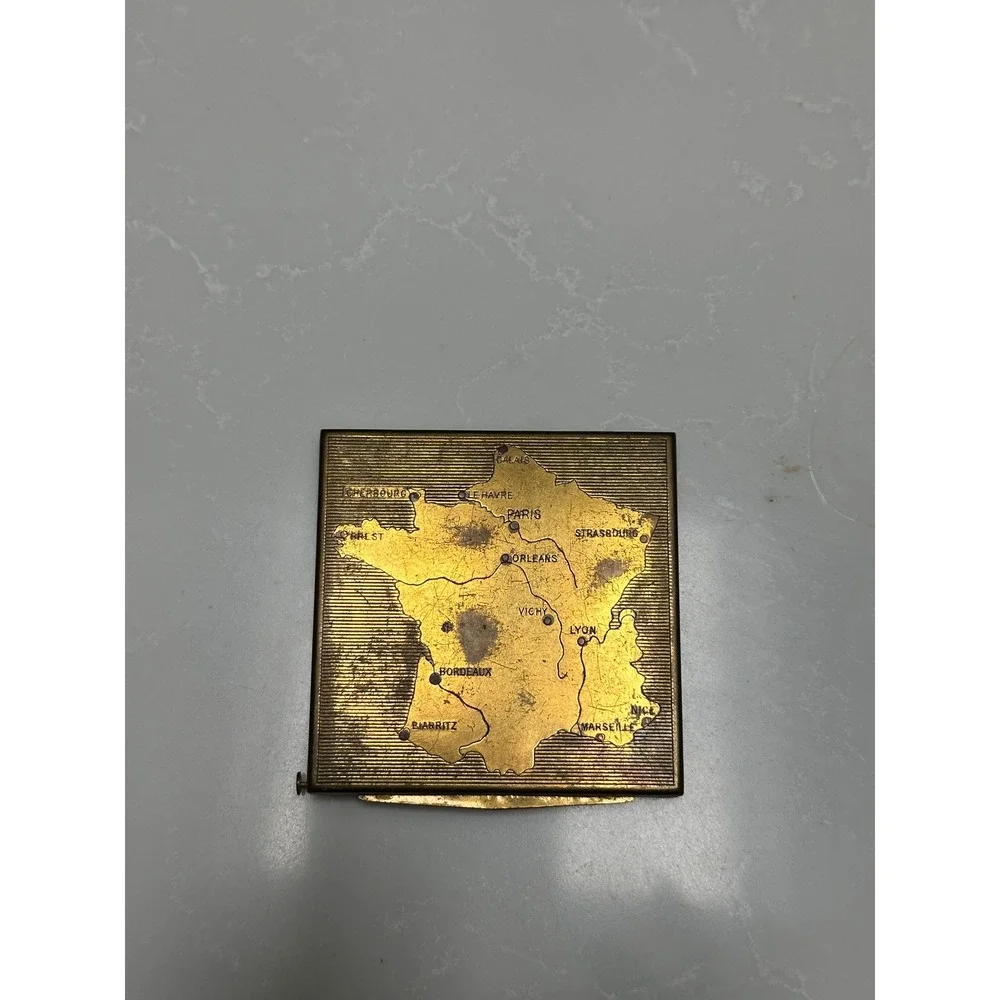 Vintage 1940s Map of France Compact Brass Mirror Powder Sifter European Souvenir